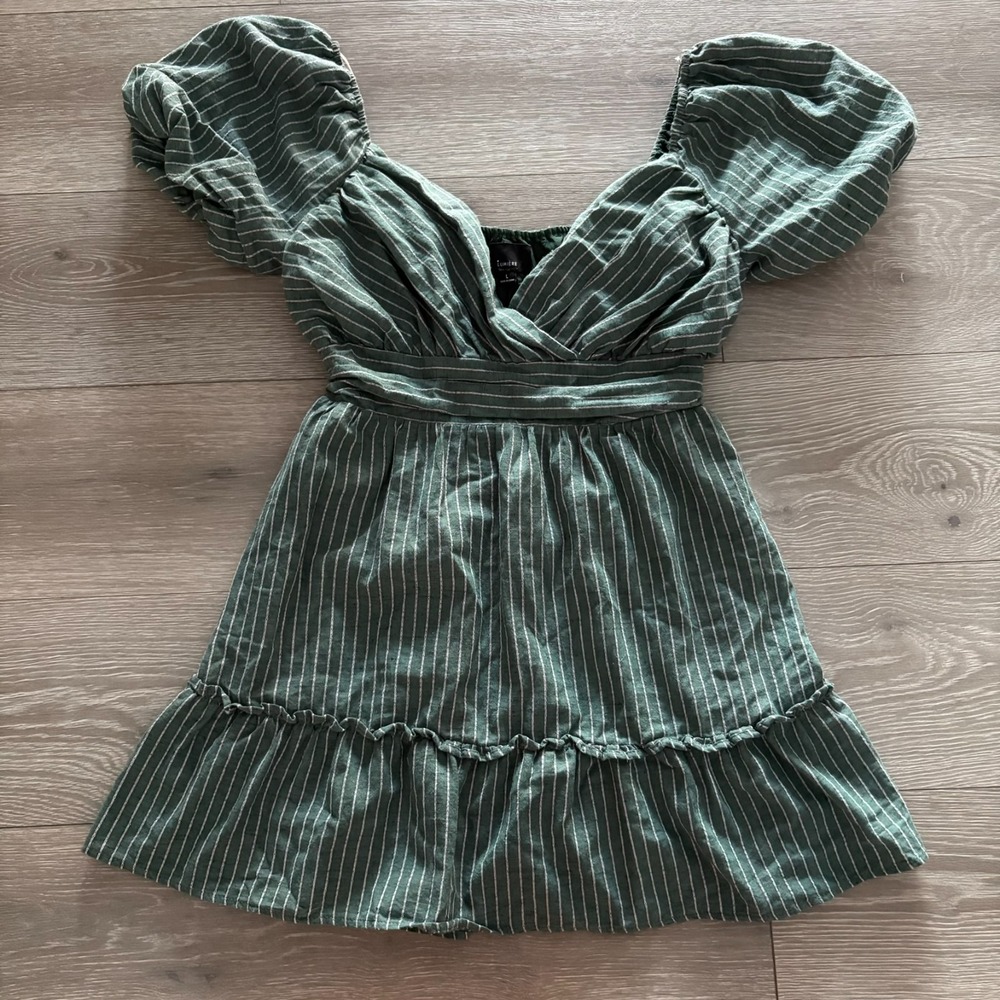 Lumiere Womens Green Stripe Cotton Linen Blend Puff Sleeve Mini Dress Size L
